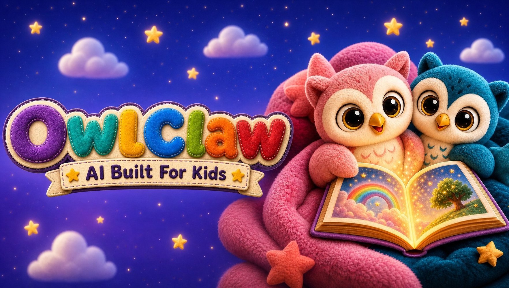 Pink and blue OwlClaw characters reading a storybook